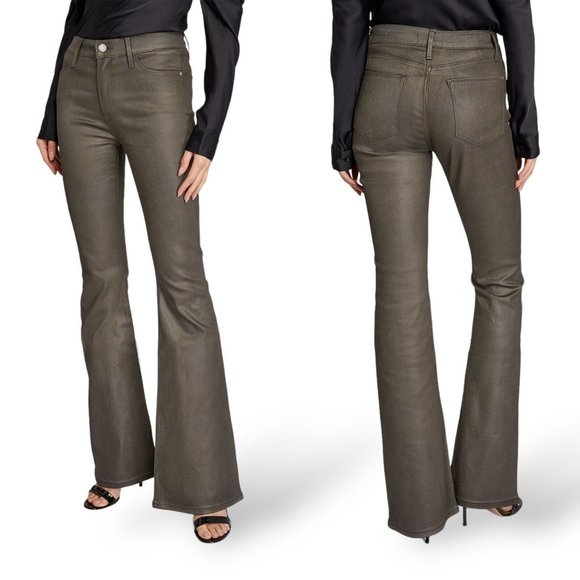 Frame Women Le High Flare Jeans Pewter Gray 70s Coated Glitter High Waist NEW
